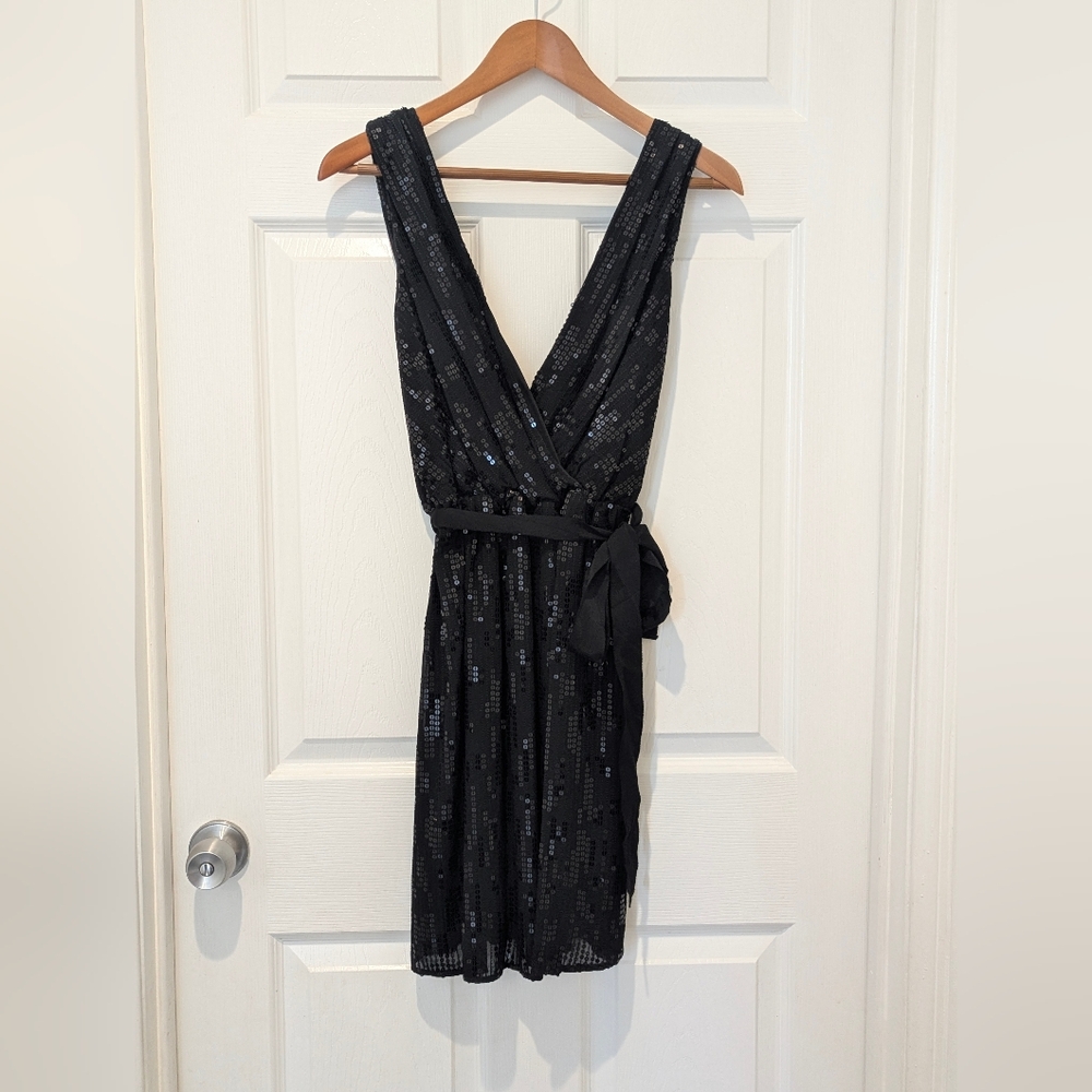 Express Black Sequin Faux Wrap Dress Size M - Sparkly V-Neck Party Cocktail